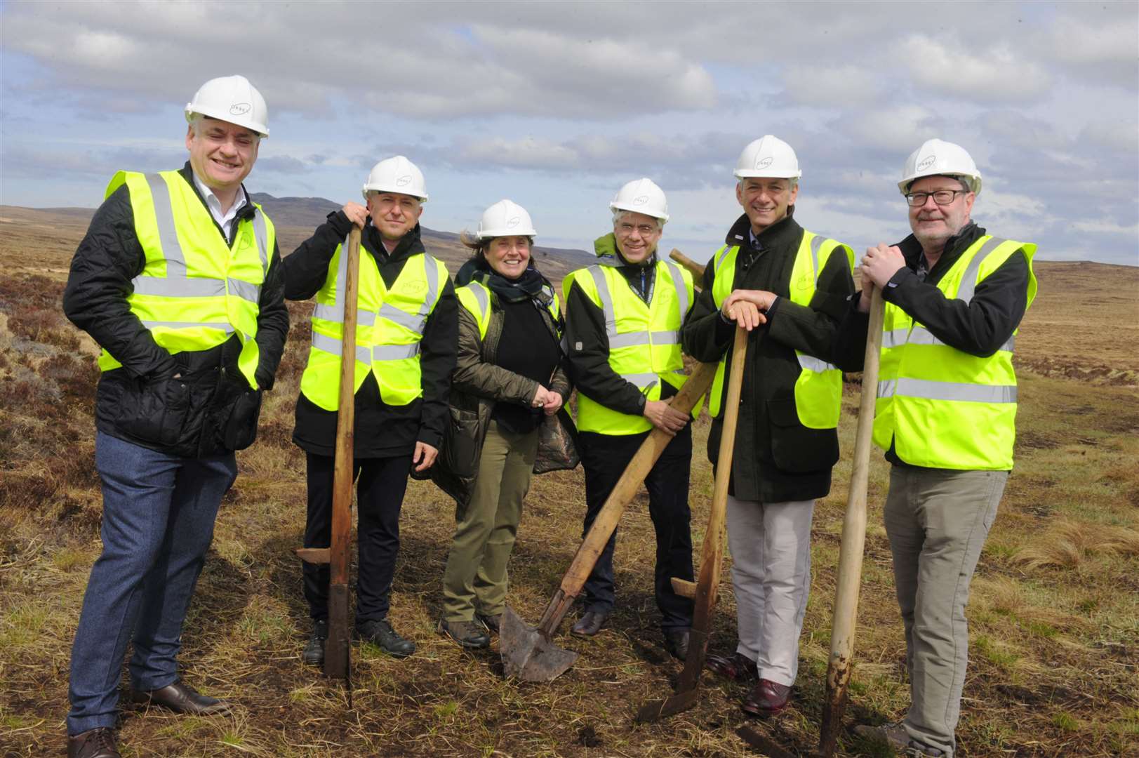 Cutting the first turf at Sutherland Spaceport are (from left) Richard Lochhead, Scottish Government; Kristian von Bengtson, chief development officer and interim CEO at Orbex; Dorothy Pritchard of Melness Crofters Estate; Bart Markus, chairman of Orbex; Ian Annett of the UK Space Agency; and HIE's David Oxley. Picture: Orbex