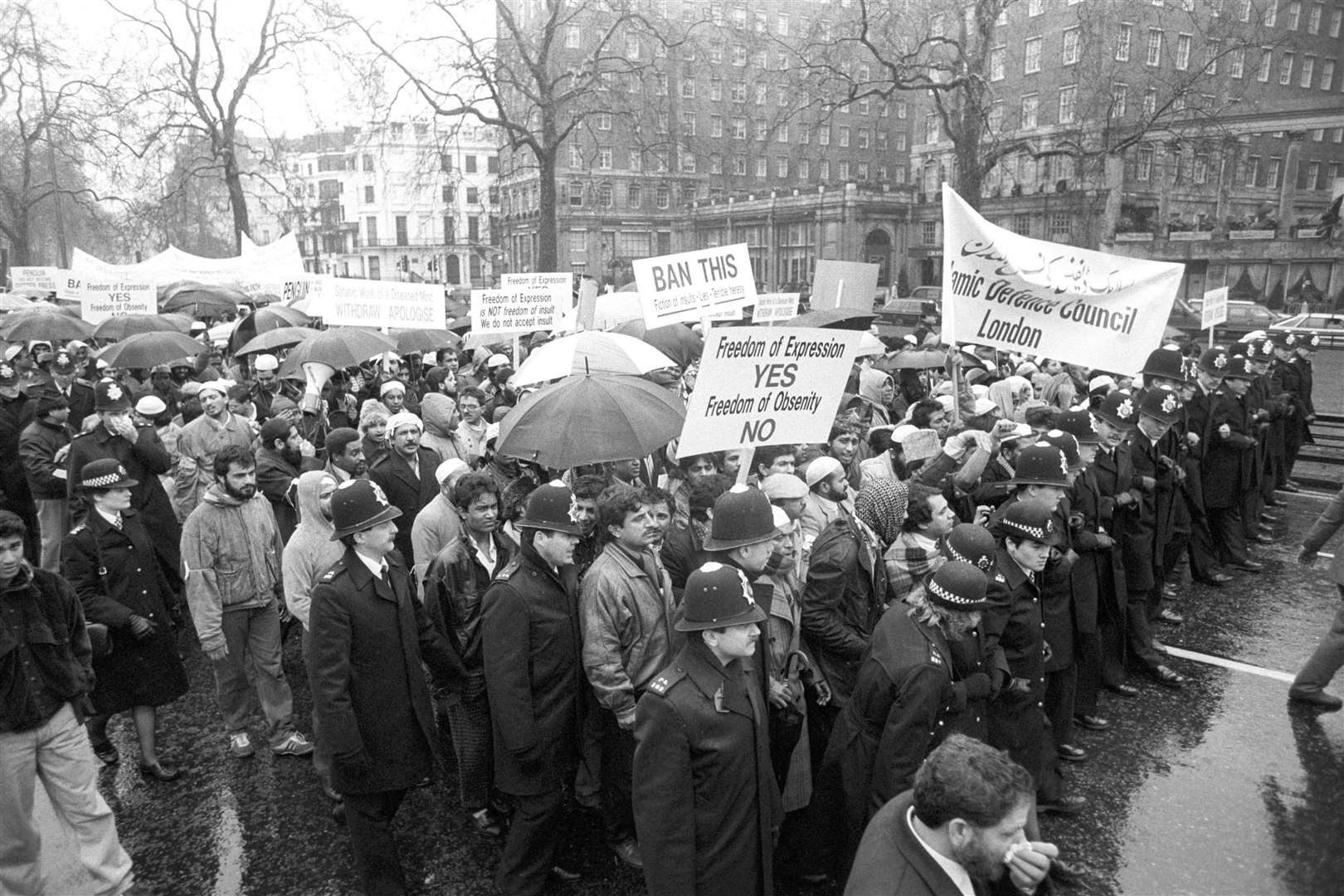 A rally in London’s Park Lane against the publication of Salman Rushdie’s controversial book The Satanic Verses in 1989 (PA)