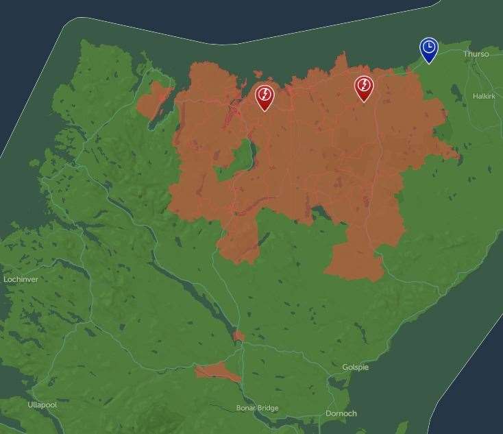 The areas affected by the power cut are pictured in red. Picture: SSEN.