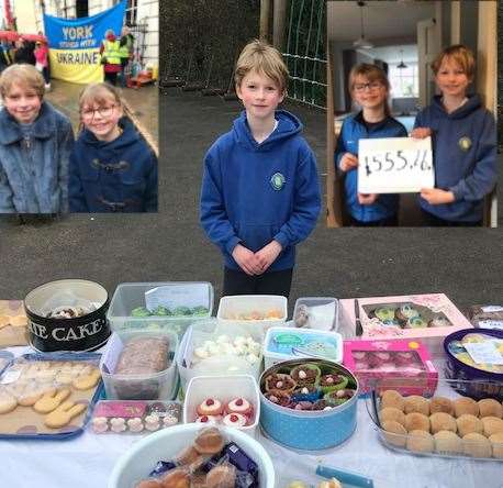 Martha and Islay raised £555 for Ukrainian refugees by baking cakes and meringues.
