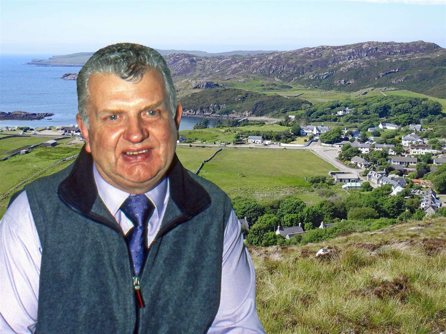 This image of Andrew Mackay is superimposed on a shot of his native Scourie.
