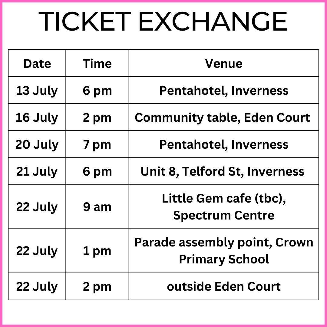 A list of ticket exchange points for Highland Pride 2023 (as of July 12).