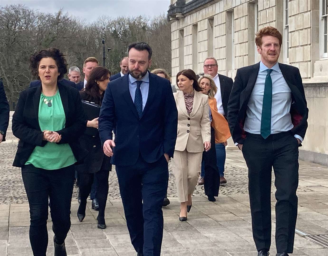 SDLP leader Colum Eastwood (centre), with South Belfast MP Claire Hanna (left) and Opposition leader Matthew O’Toole at the first Opposition Day at Stormont (Rebecca Black/PA)