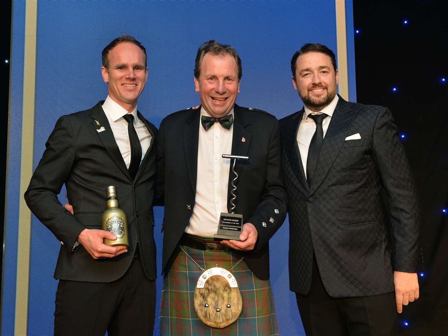 David Whiteford (centre) at the awards ceremony with Jason Manford (right) and Mike Phillips, regional manger for Chivas Regal.