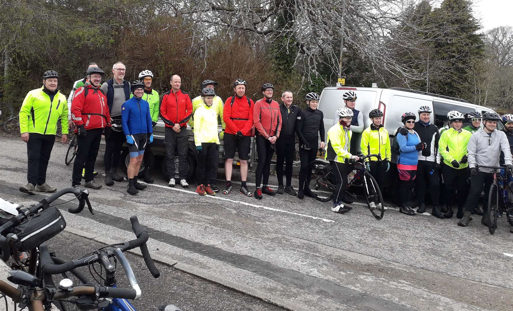 The cyclists before leaving Lairg. Two of those who travelled the furthest for the event were Gary Livesey from Oldham, pictured on the far left in the yellow fluorescent jacket, and next to him in the red jacket, Dave Lloyd from Rochdale.