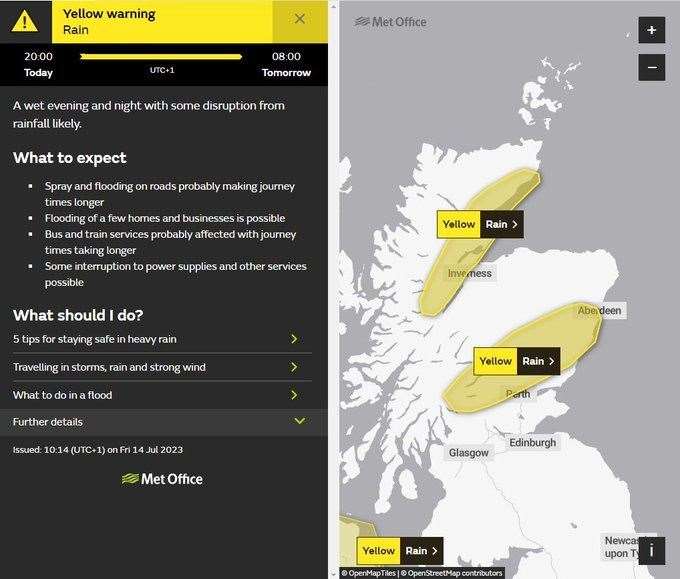 The Met Office yellow weather warning, highlighting locations likely to be worst-hit by heavy rains