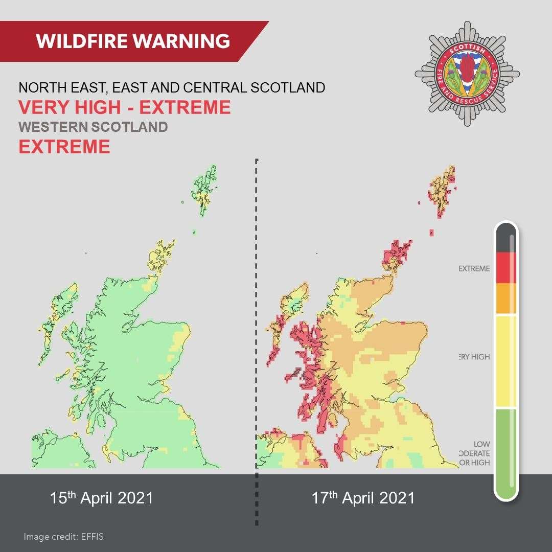 The warning level rises swiftly across much of Scotland between April 15 and 17.