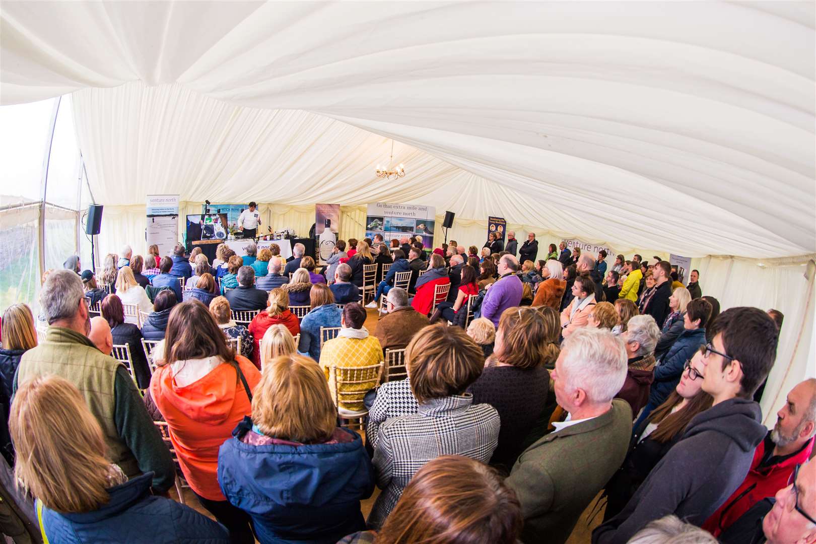The packed Taste North Cookery Theatre at John O'Groats in 2019 during a cookery demonstration by Jean-Christophe Novelli.