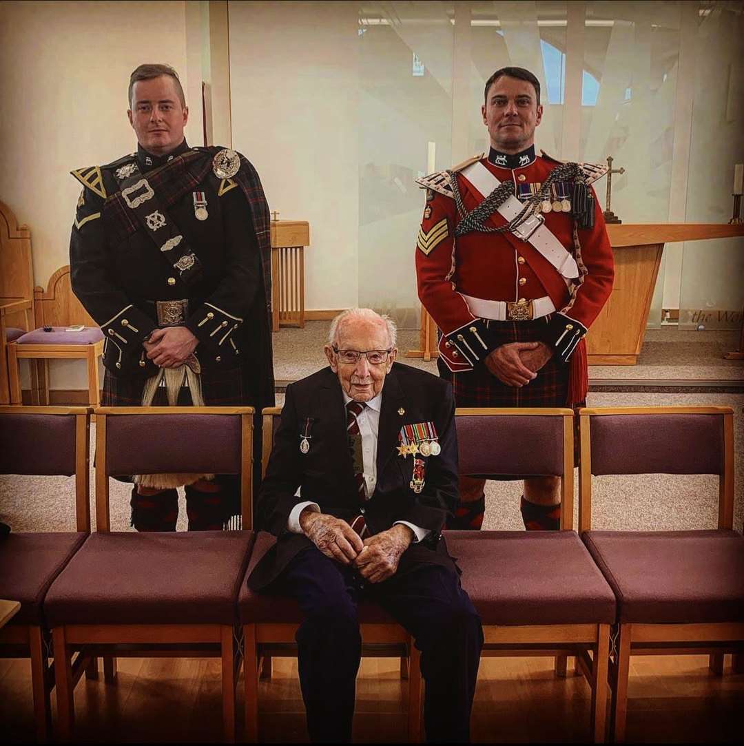 Lance Corporal Hugh Mackay (left) with Colour Sergeant Craig Gibson and Sir Tom Moore.