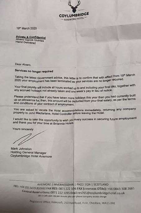 The letter sent to staff of the Coylumbridge Hotel in Aviemore.