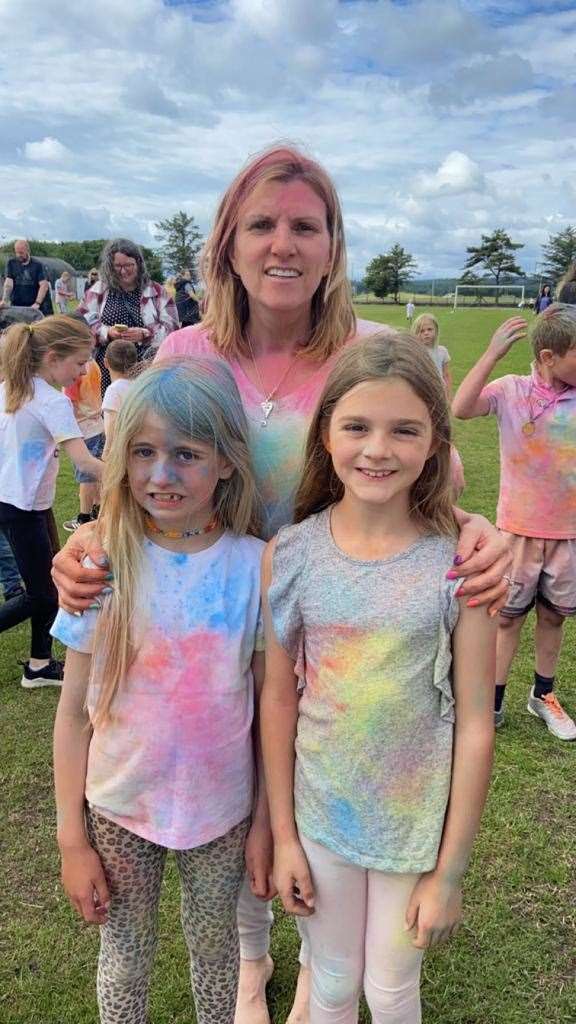 Kirsty Neilson with Breagha Carter and Maizy Roseveare at the colour run.