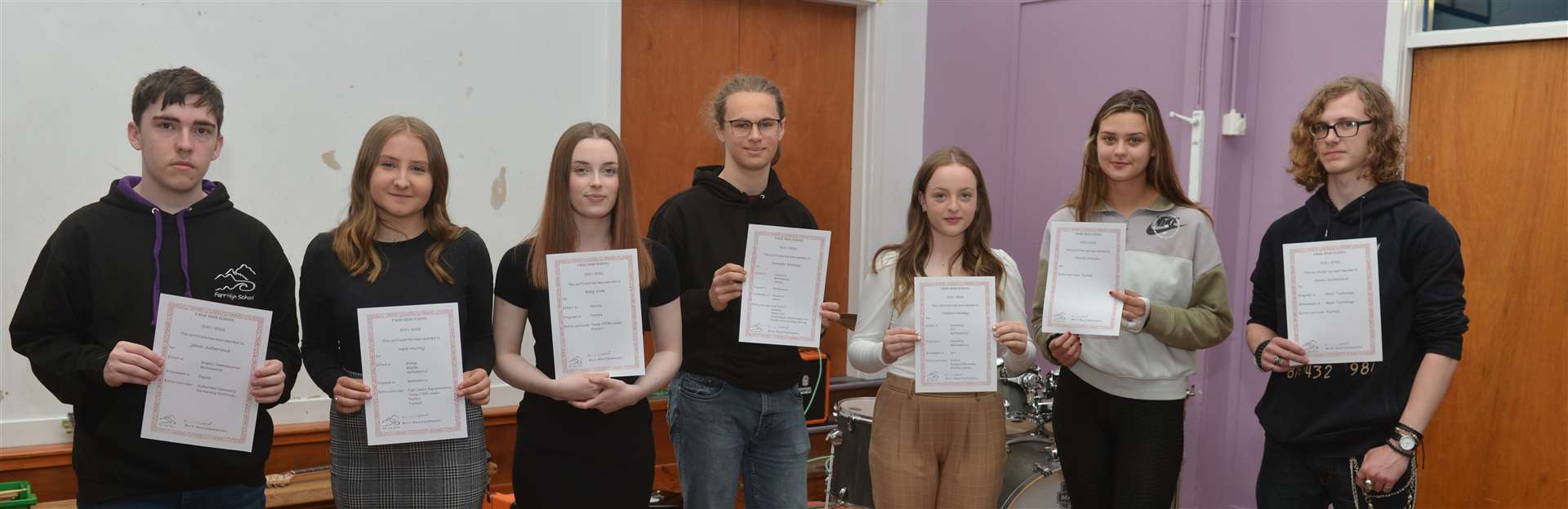 James Sutherland, Neve Murray, Rosy York, Donovan Easthope, Heather Mackay, Murron Drennan and Aaron Sutherland with their leavers’ certificates. Picture: Jim A Johnston