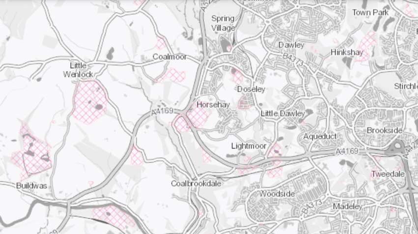 An Environment Agency map of Telford showing historic landfill sites in red, with Stoneyhill located immediately west of Horsehay (Environment Agency/PA)