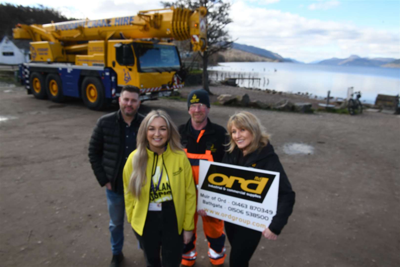 Ewan Bruce, Alba Traffic Management Contracts Manager, Emma Nicol, Highland Hospice Fundraiser, David Stoddart, Owner of Stoddart Crane Hire and Julie Henderson, Ord Group Business Development Manager. Picture: James Mackenzie.