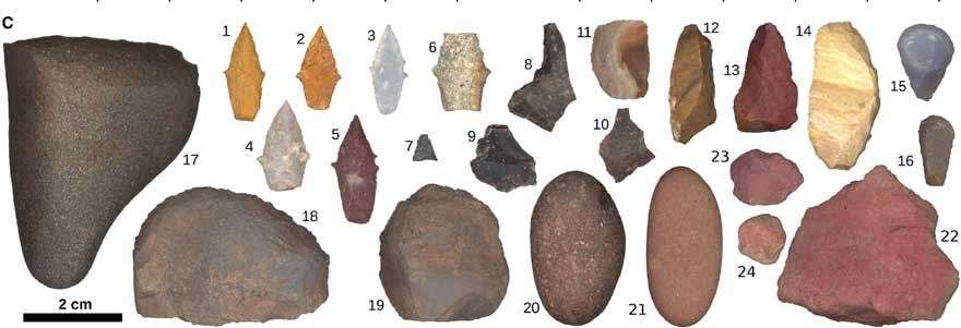 An illustration showing tools recovered from the burial pit floor including projectile points (1 to 7), unmodified flakes (8 to 10), retouched flakes (11 to 13), a possible backed knife (14), thumbnail scrapers (15 and 16), scrapers/choppers (17 to 19), burnishing stones (17, 20, and 21), and red ochre nodules (22 to 24) ((Randall Haas/University of California, Davis)