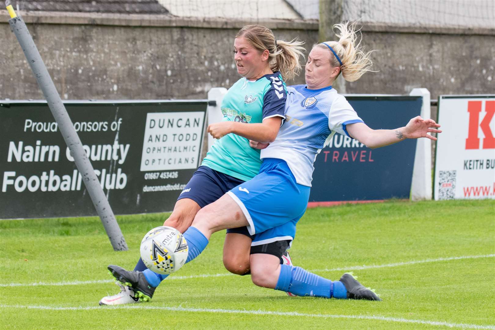 Sutherland's forward Tracey-Anne Montgomery goes in for a challenge on Buckie centre back Kayleigh Stalker. Picture: Daniel Forsyth