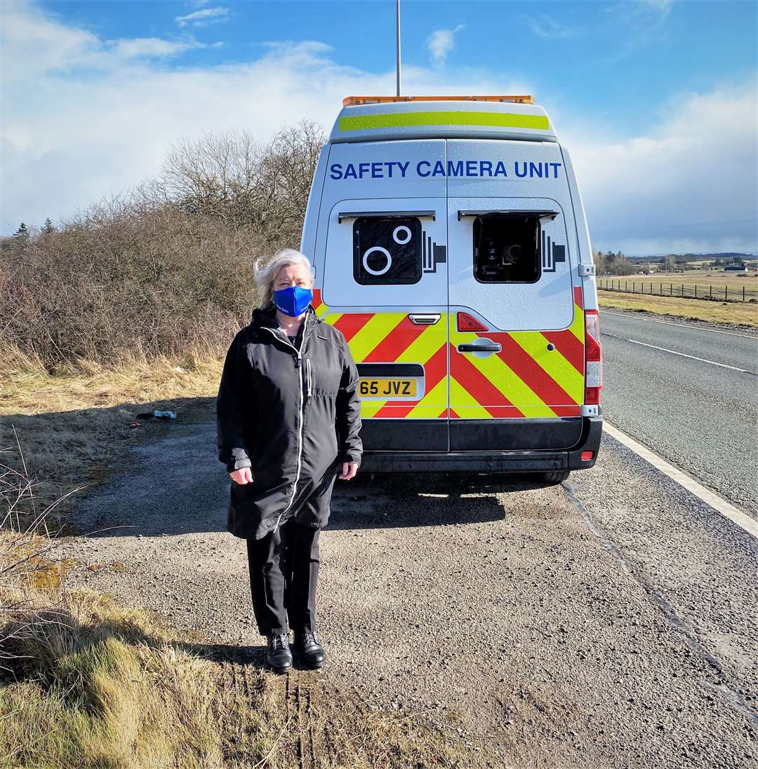 Rhoda Grant beside the Tain bypass mobile camera unit.