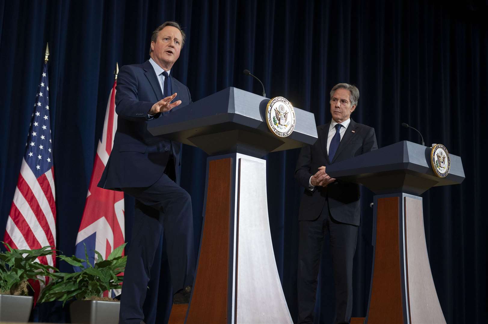 Foreign Secretary Lord David Cameron speaks during a meeting with US secretary of state Antony Blinken at the State Department in Washington (Kevin Wolf/AP)