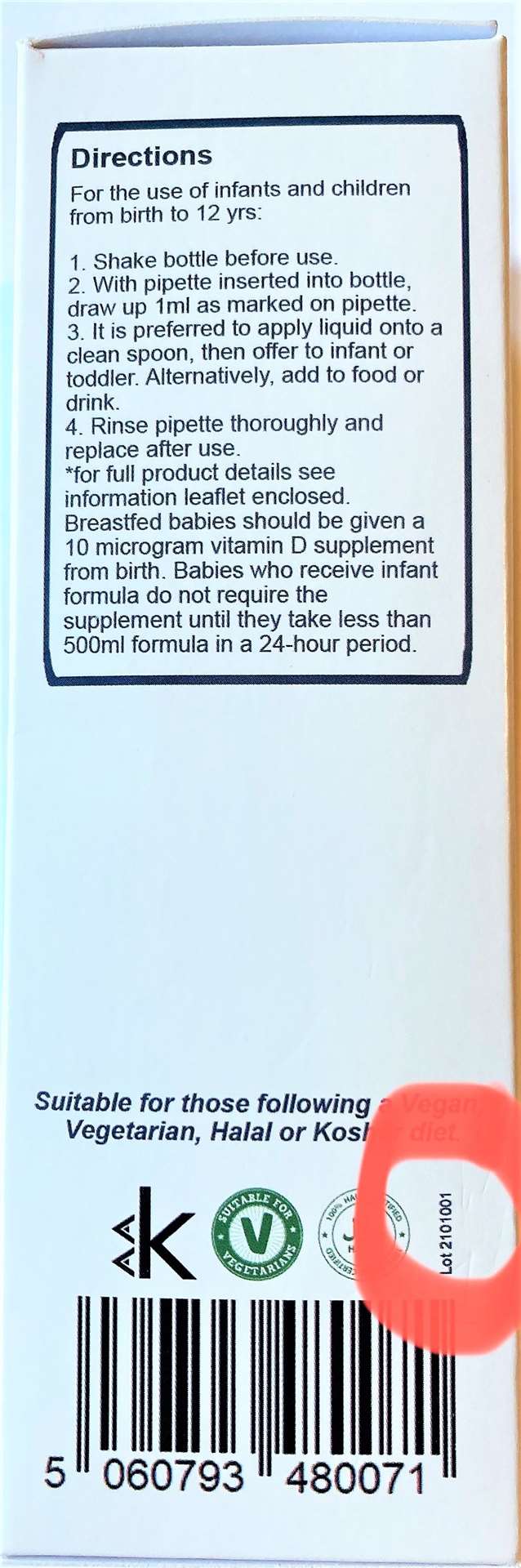 The specific batch of vitamin D drops being recalled is LOT 2101001.