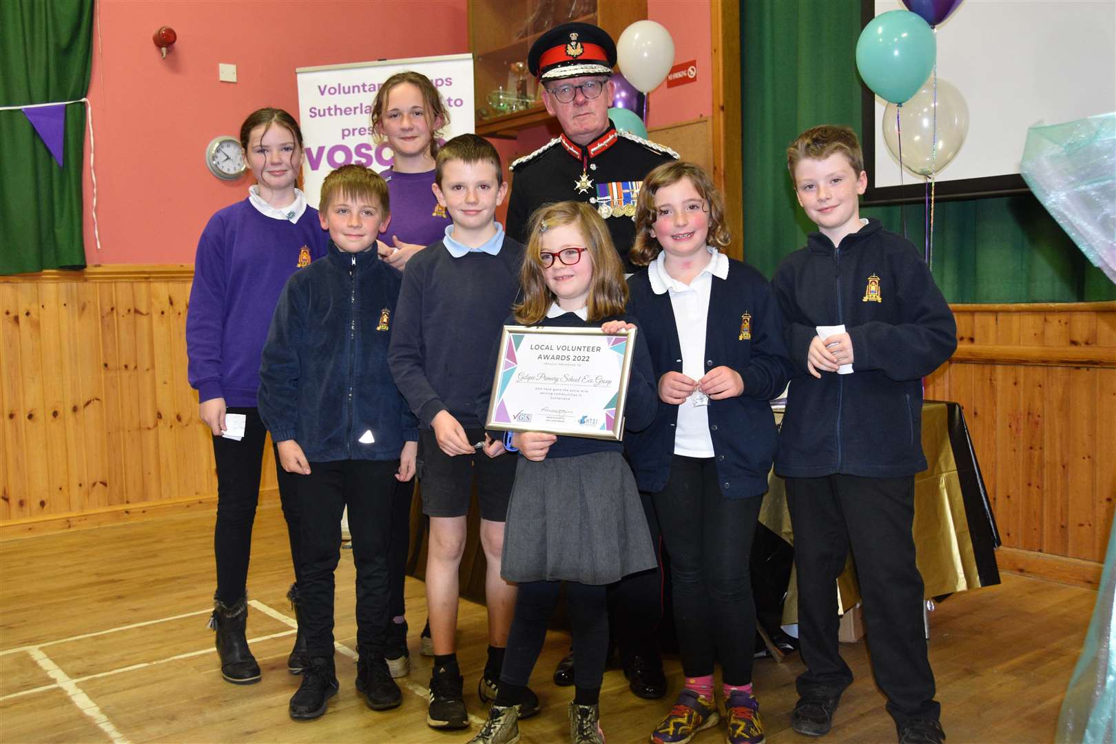 Golspie Primary School Eco Group with Major General Marriott, from left, Roisin Doogan, Casey Whyte, Poppy Shaw, Leo Lannon, Freya Port, Maria Morrison and Toby Sutherland.