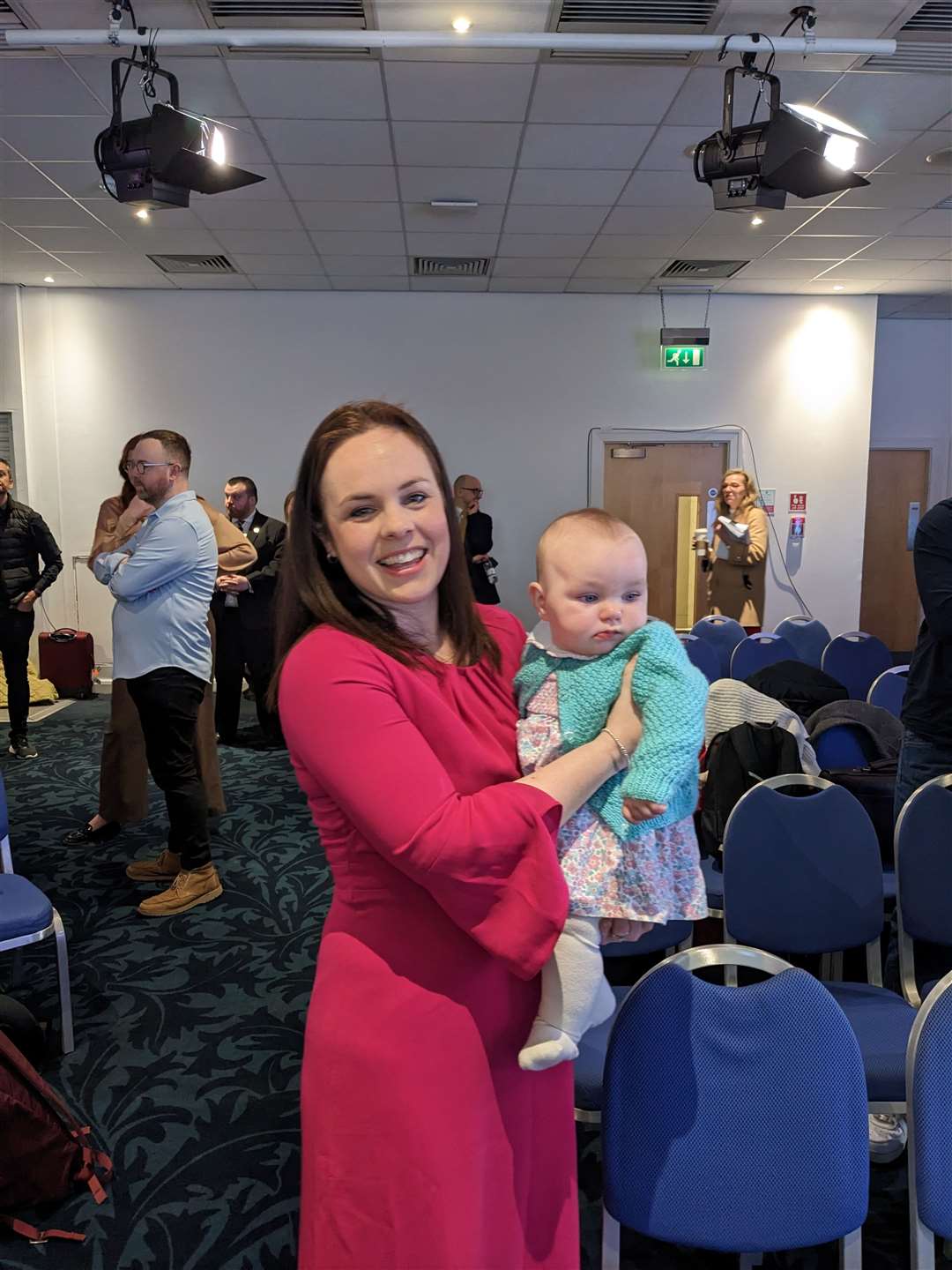 Kate Forbes at the SNP leadership announcement, along with her daughter Naomi.
