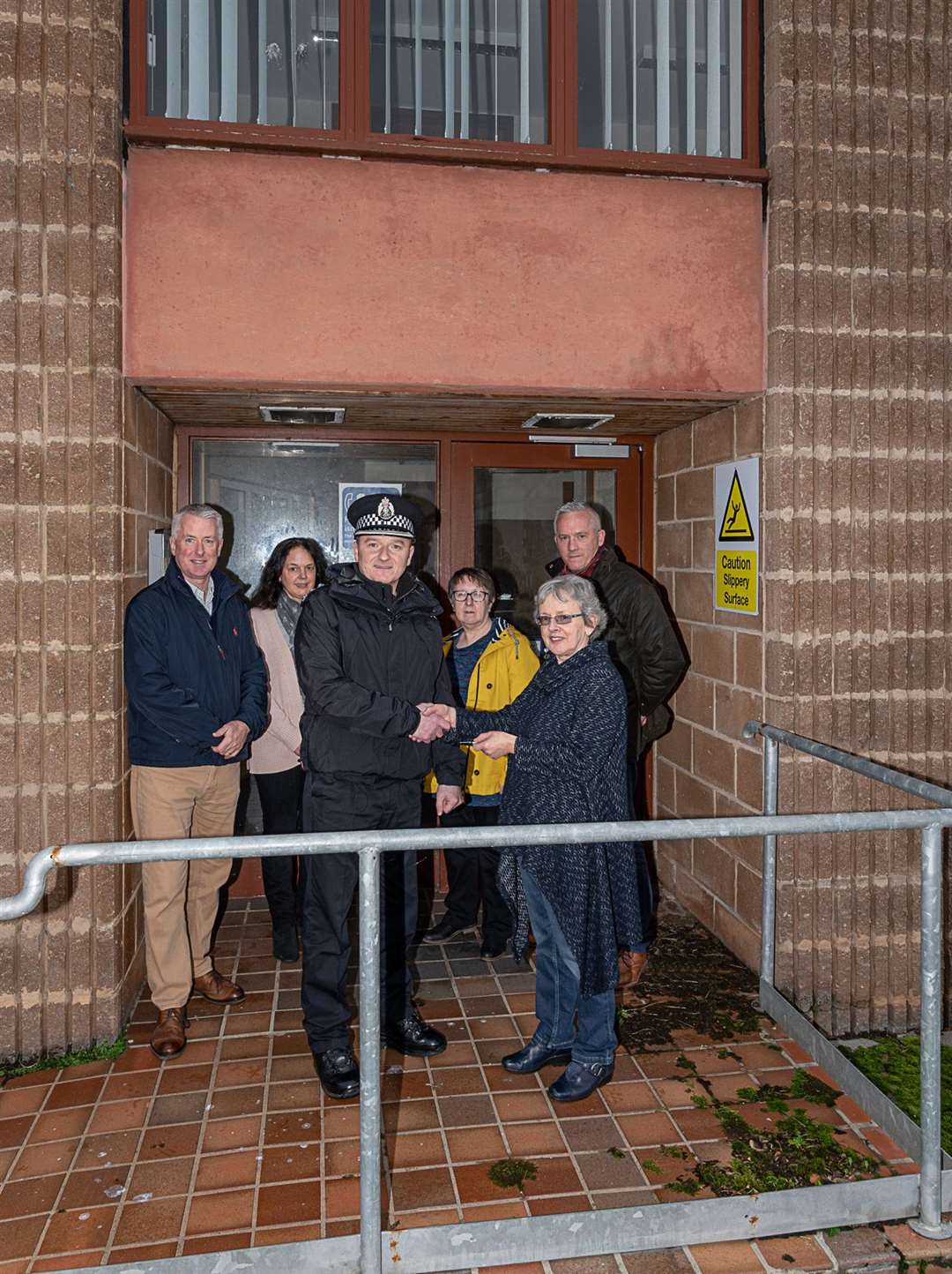 At the handover, from left: Gordon Sutherland, secretary DACIC; Catherine Moodie, community development manager DACIC; Chief Inspector Jamie Wilson, area commander Police Scotland; Liz Howard, Scottish Land Fund and HIE; Joan Bishop, chairman DACIC; Iain Levens, project architect. Picture: Andy Kirby.