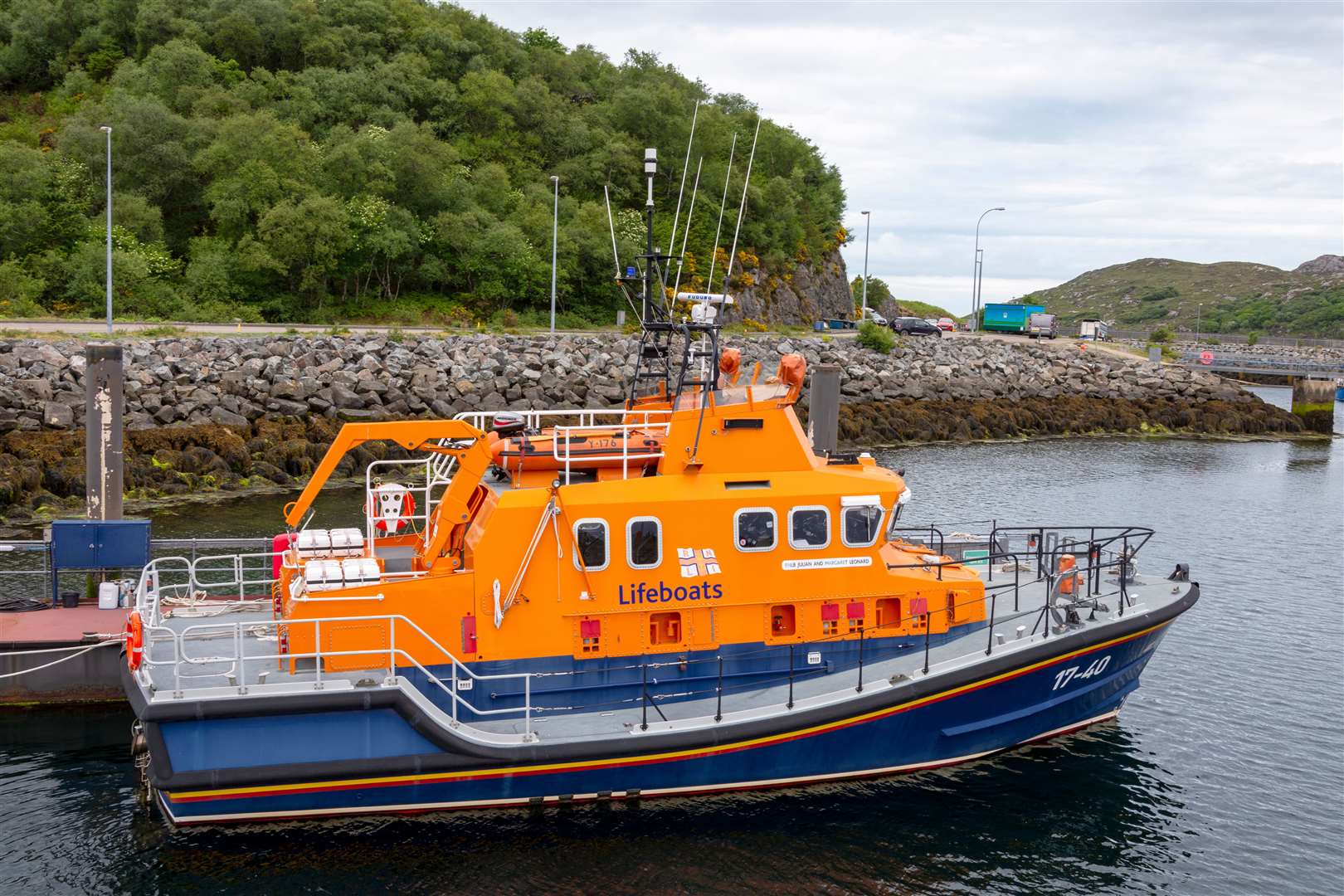 The RNLB Julian and Margaret Leonard at Lochinver. Put into service in 2003 this is one of the RNLB's Severn Class lifeboats - the largest they operate with an working range of 50 miles.
