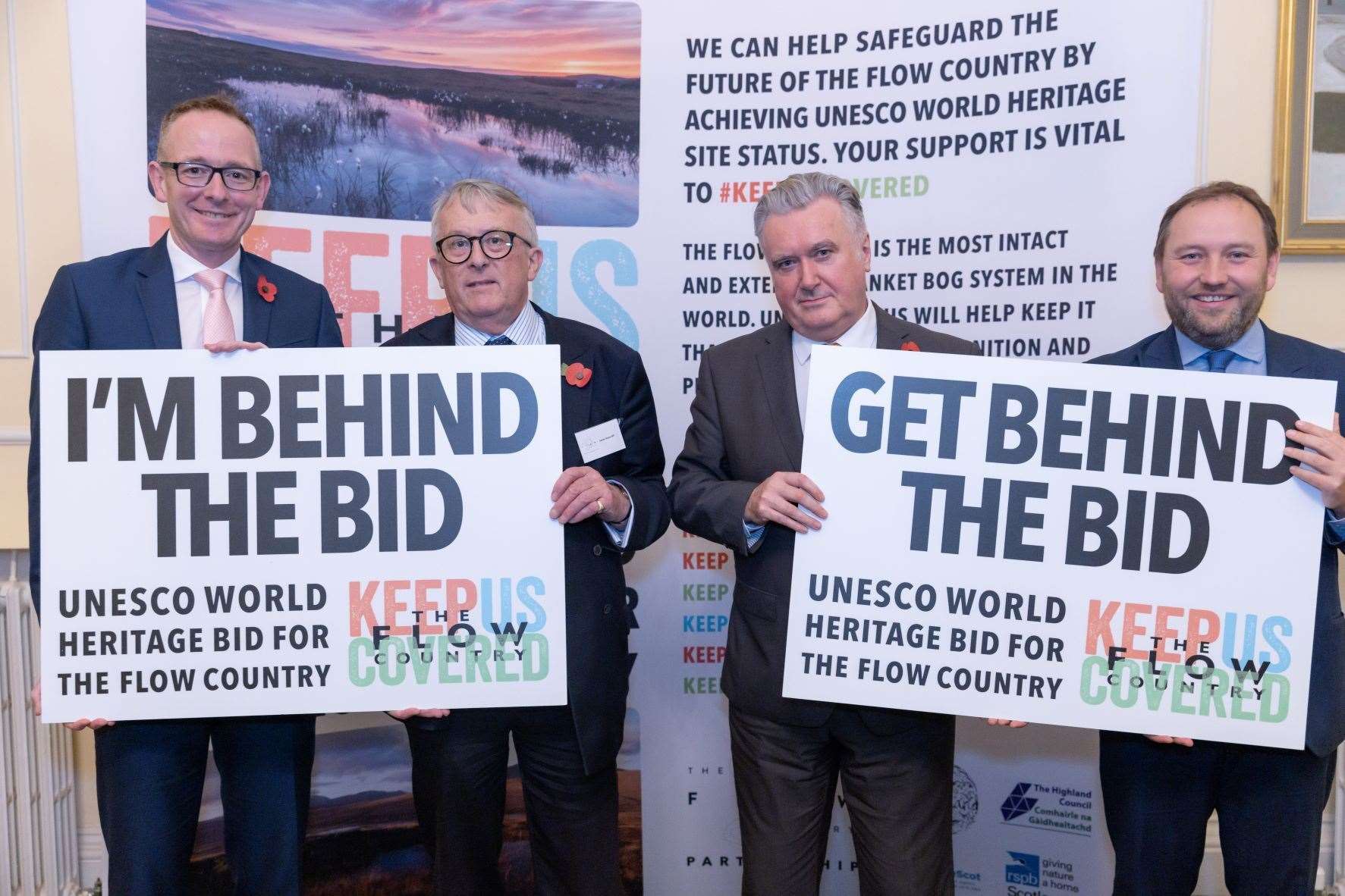 Showing support for the Flow Country Unesco bid are (from left) MPs John Lamont, Jamie Stone, John Nicolson and Ian Murray. Picture: Claire Ballard