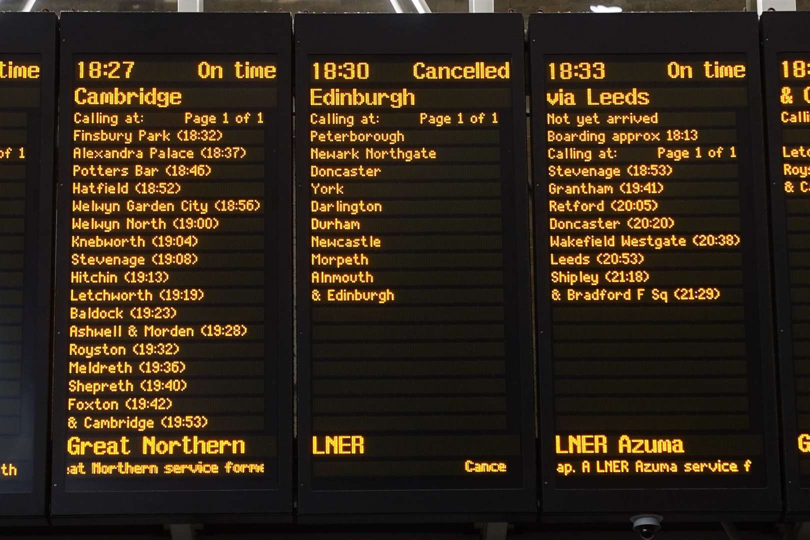 A departure board showing a cancelled train to Edinburgh at King’s Cross station in London (Lucy North/PA)