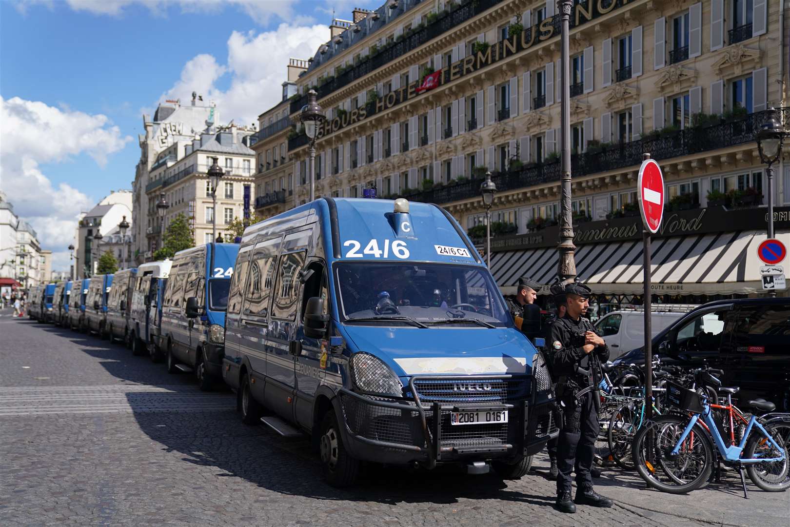 Police vehicles outside the Gare du Nord station (Jacob King/PA)
