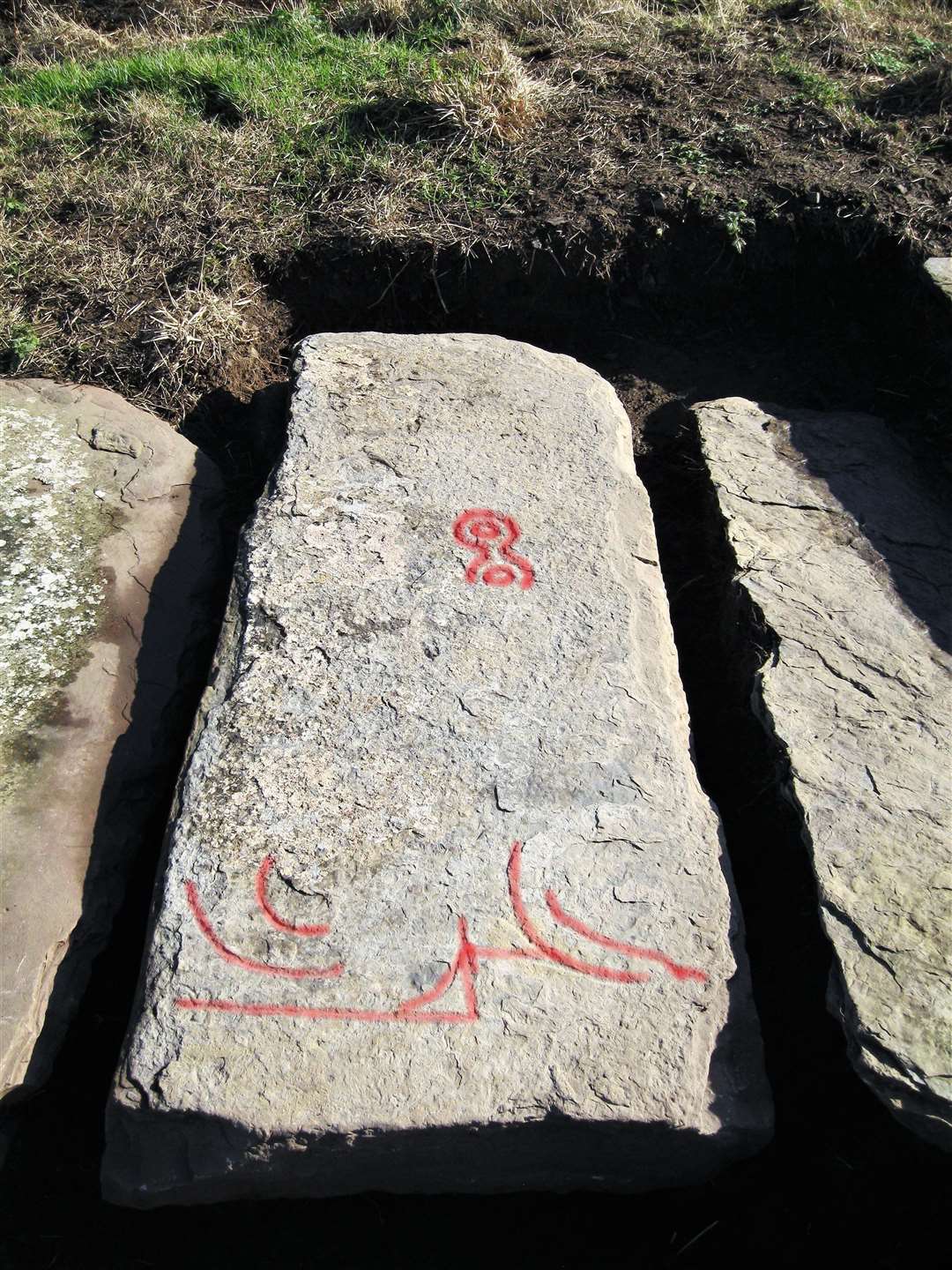 The slab's markings highlighted in red. Some of the lines are covered with lichens and will hopefully be clearer after restoration work is carried out. The area near the bottom appears to show a double disc and z-rod often seen in inscribed Pictish stones.