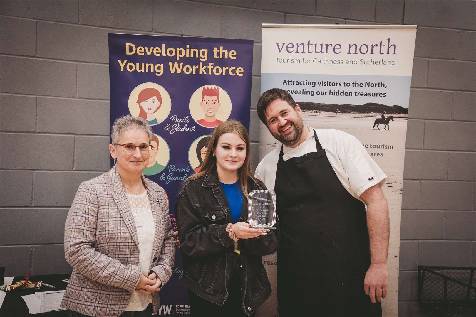 Taste North Challenge youth winner Iona Simpson with chef Grant Macnicol and Venture North director Trudy Morris, of Caithness Chamber of Commerce. The challenge is supported by Developing the Young Workforce, which is managed by the chamber. Picture: Colin Campbell Photography