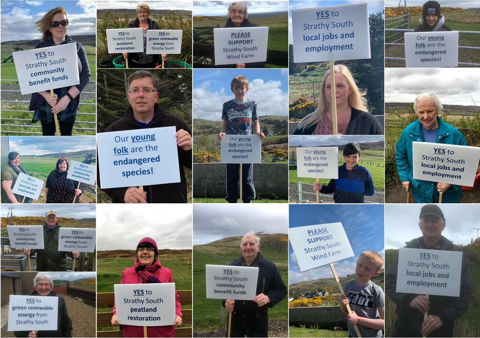 Locals carry placards to show their support for the Strathy South wind farm.