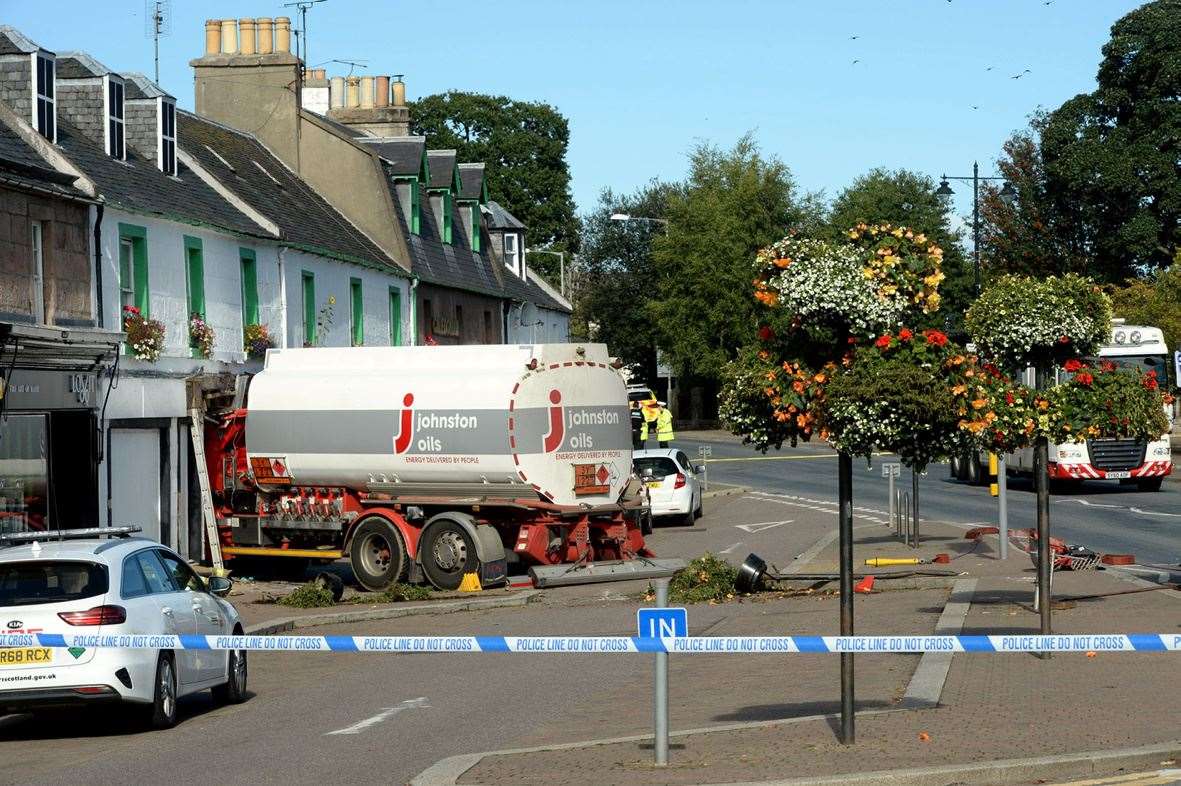The scene of the oil tanker crash in Beauly High Street.