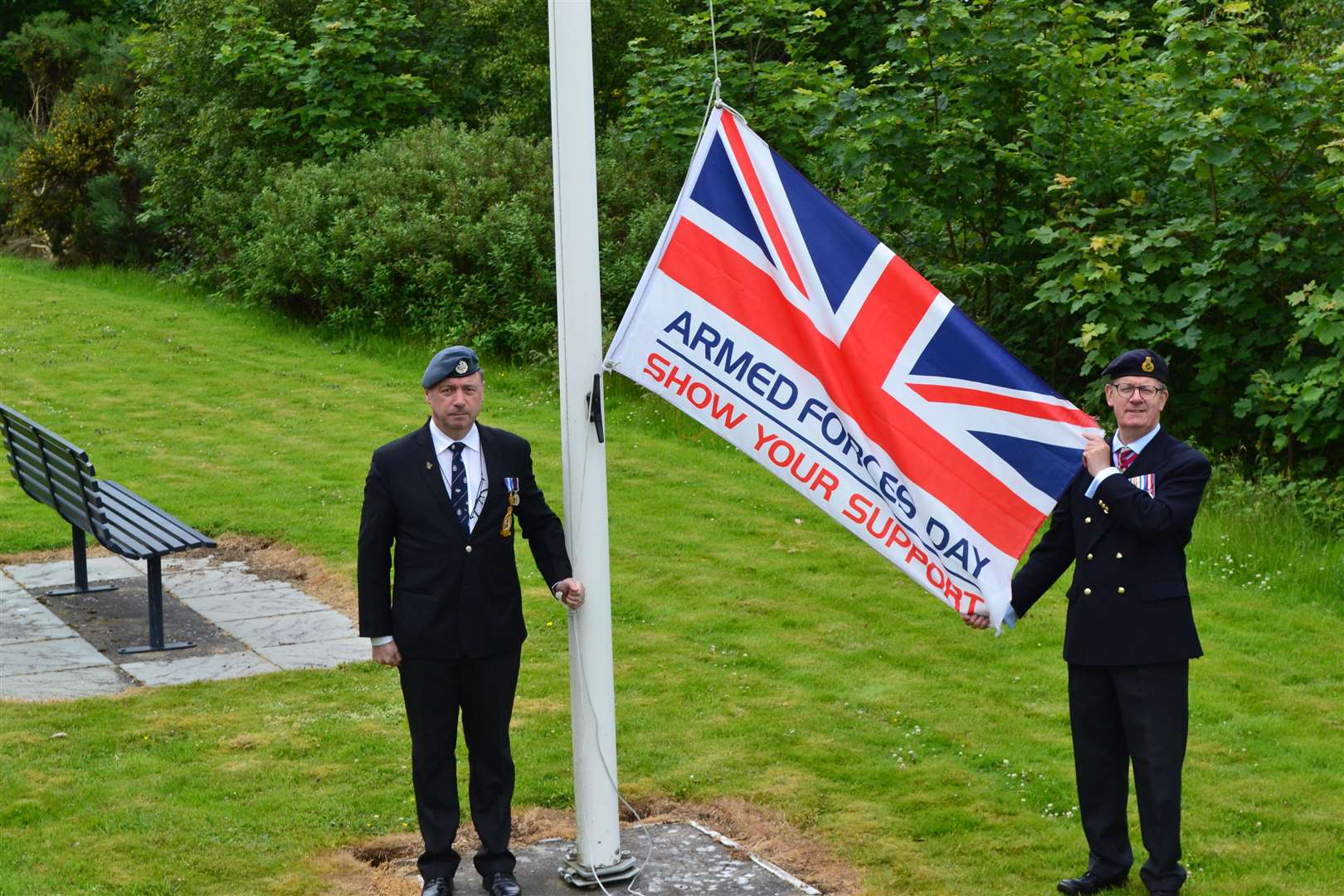 Sutherland Deputy Lieutenant, Major General Patrick Marriott (right) and Kenneth MacAulay of the Golspie branch of the Royal British Legion Scotland, at last year's flag raising at Drummuie.
