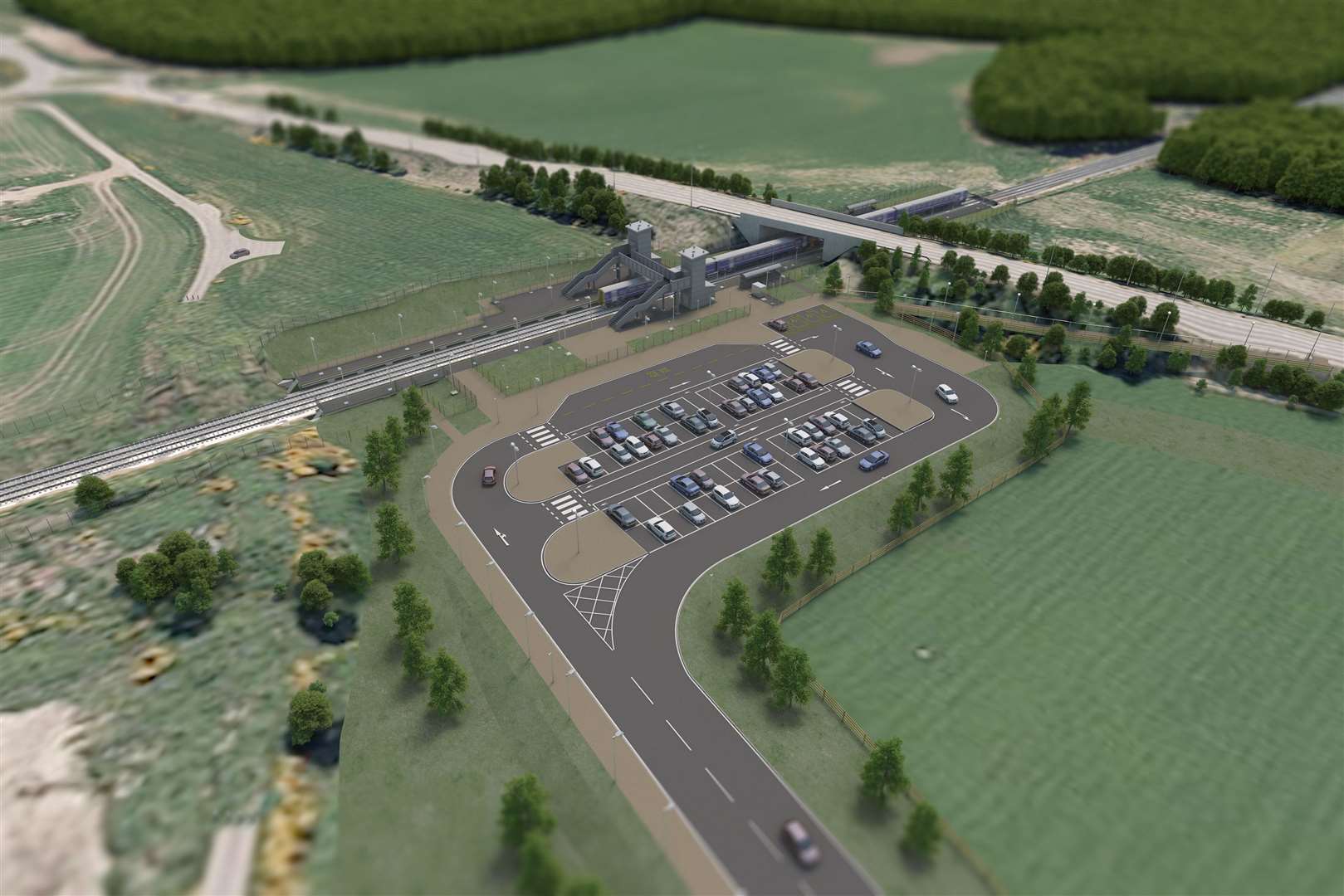 An artist's impression of the planned new railway station at Dalcross, next to Inverness Airport.
