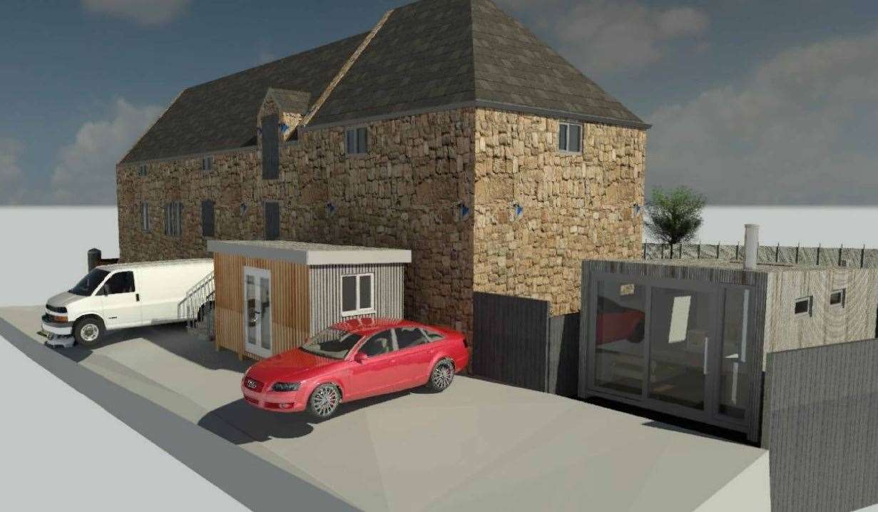 An artist's impression of the Old Mill building after the works, with the hot food takeaway shed at the front (left of centre) and the holiday pod (right of shot) visible.