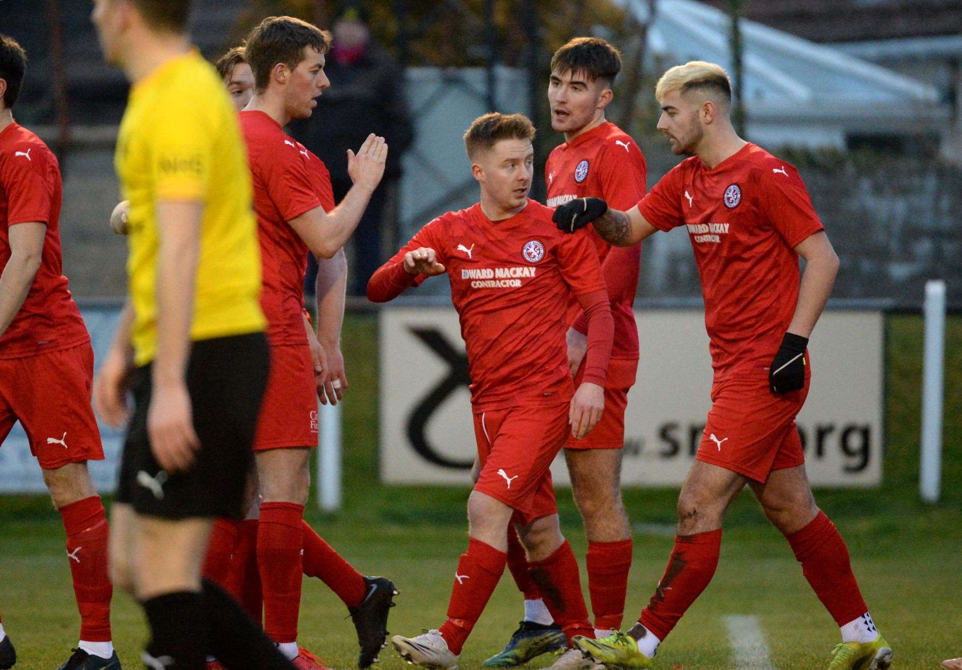 Nairn County v Brora Rangers 15 January 2022: Andy Macrae celebrating his goal with the Brora Rangers. Picture: James Mackenzie.