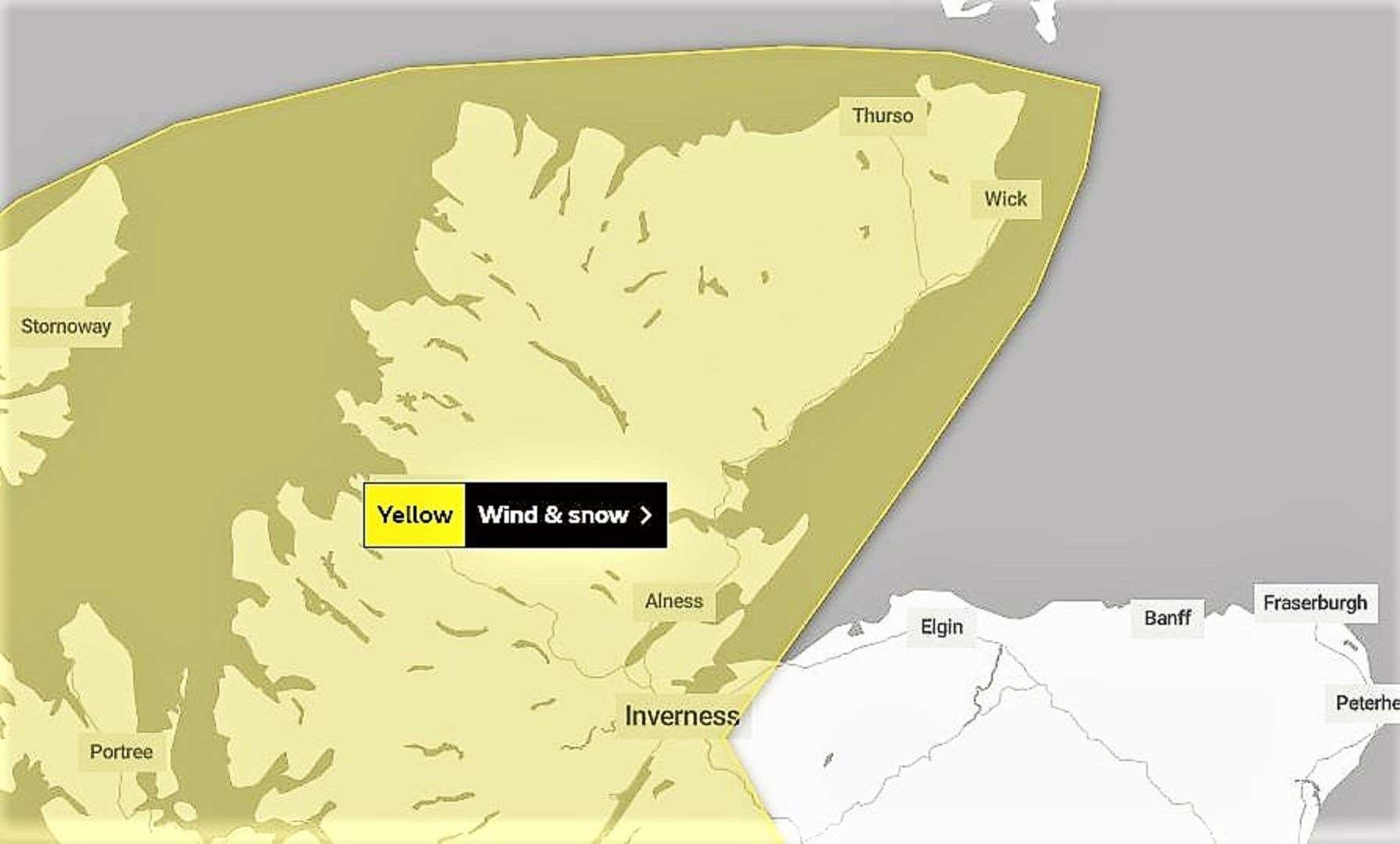 Met Office map issued for Yellow Warning of snow and wind in the far north over Wednesday and Thursday.