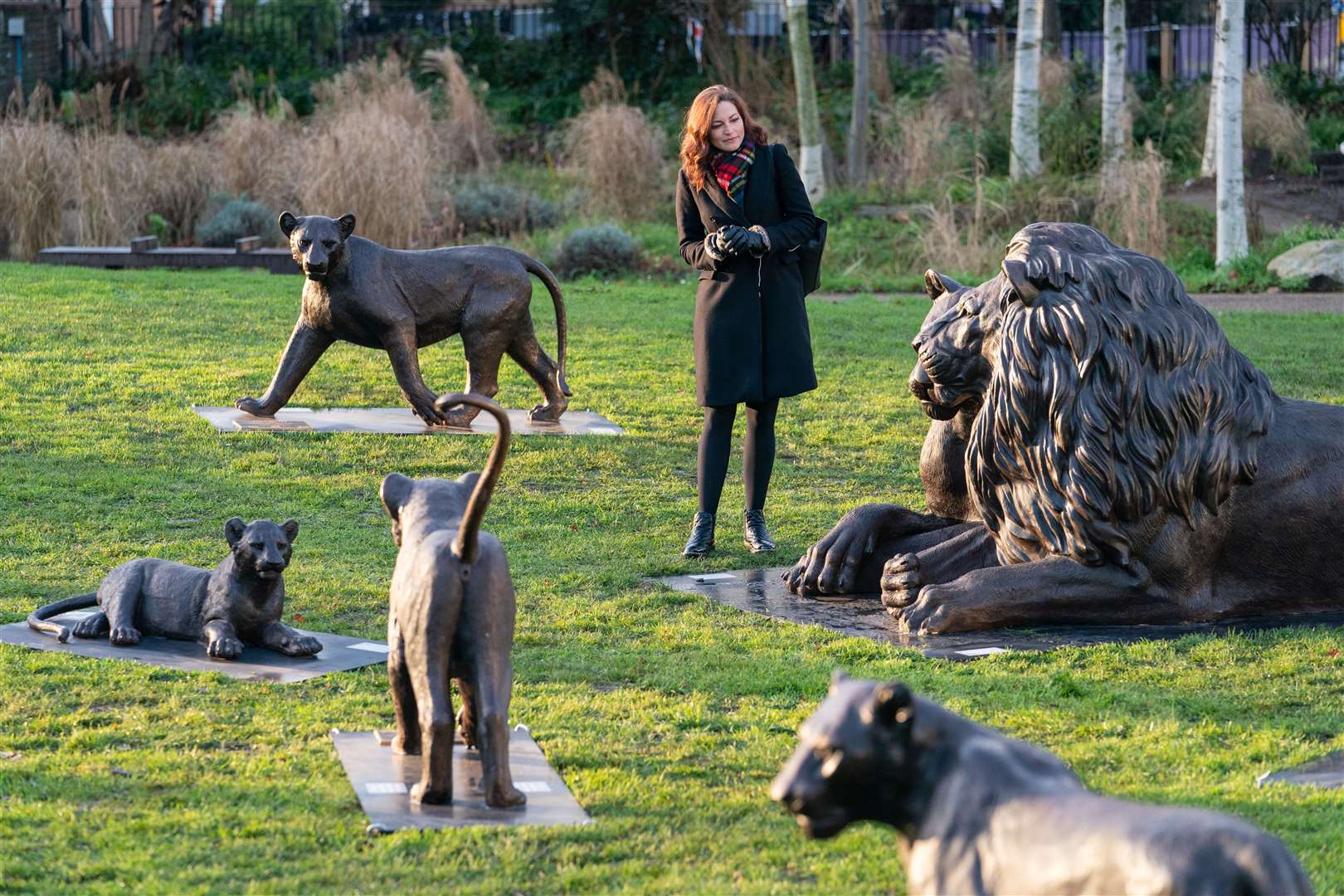 A visitor views lion sculptures at the Born Free Forever exhibition (Dominic Lipinski/PA)