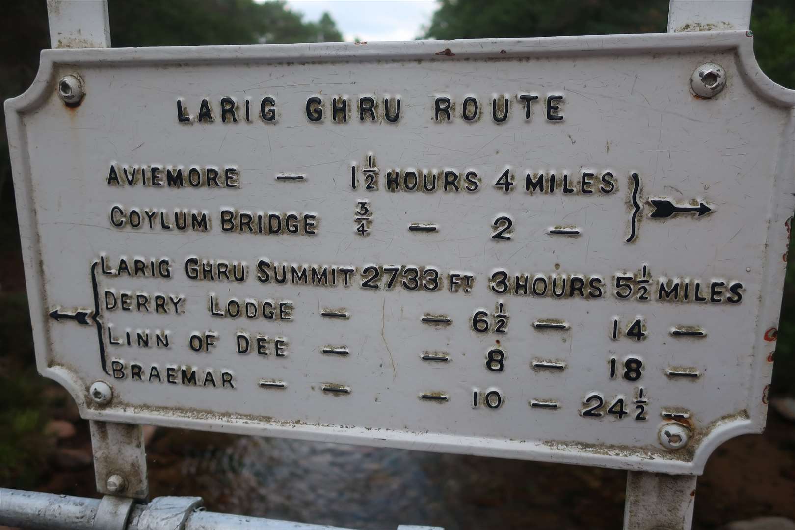 Sign to the 'Larig Ghru' on the Cairngorm Club Footbridge in Rothiemurchus Forest - 18 miles from Linn of Dee.