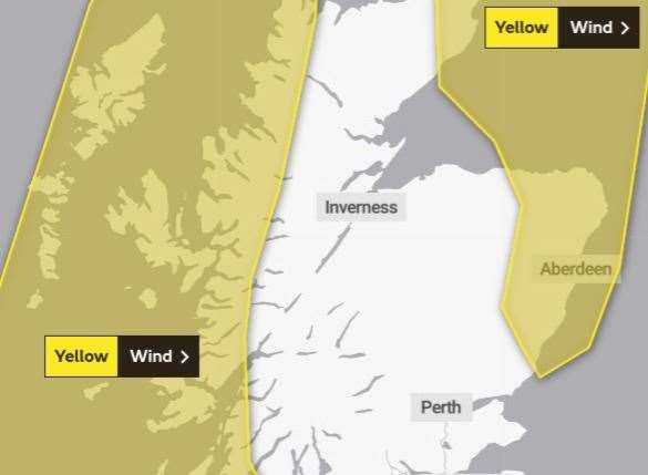 The weather warning for strong winds runs from 10am to midnight on Monday. Picture: Met Office.