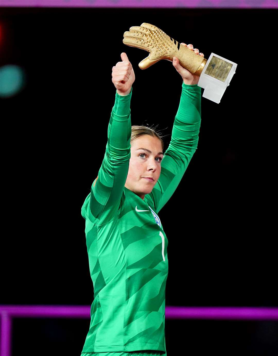 England goalkeeper Mary Earps gestures to the fans after collecting her Golden Glove award at the end of the FIFA Women’s World Cup (Zac Goodwin/PA)