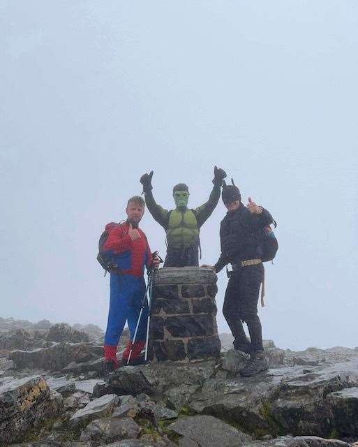 Spider–man, Batman and Hulk at the top of Ben Nevis