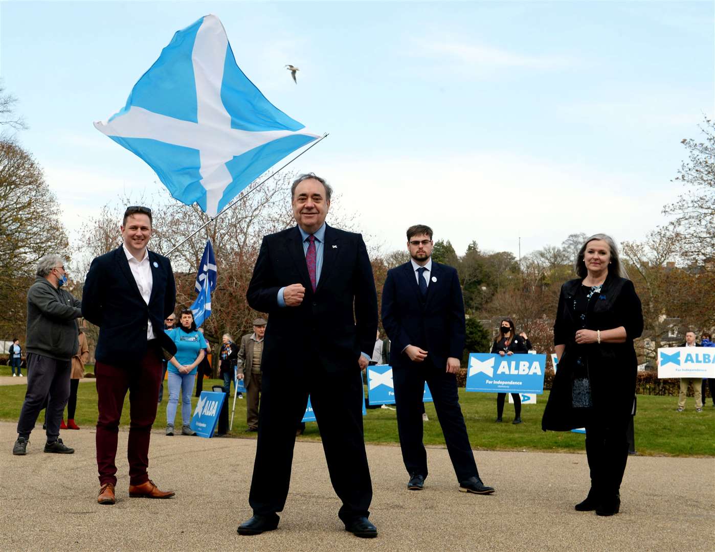 Alex Salmond launches the Alba Party's Highlands and Islands campaign with (from left) Kirk Torrance, Josh Robertson and Judith Reid.