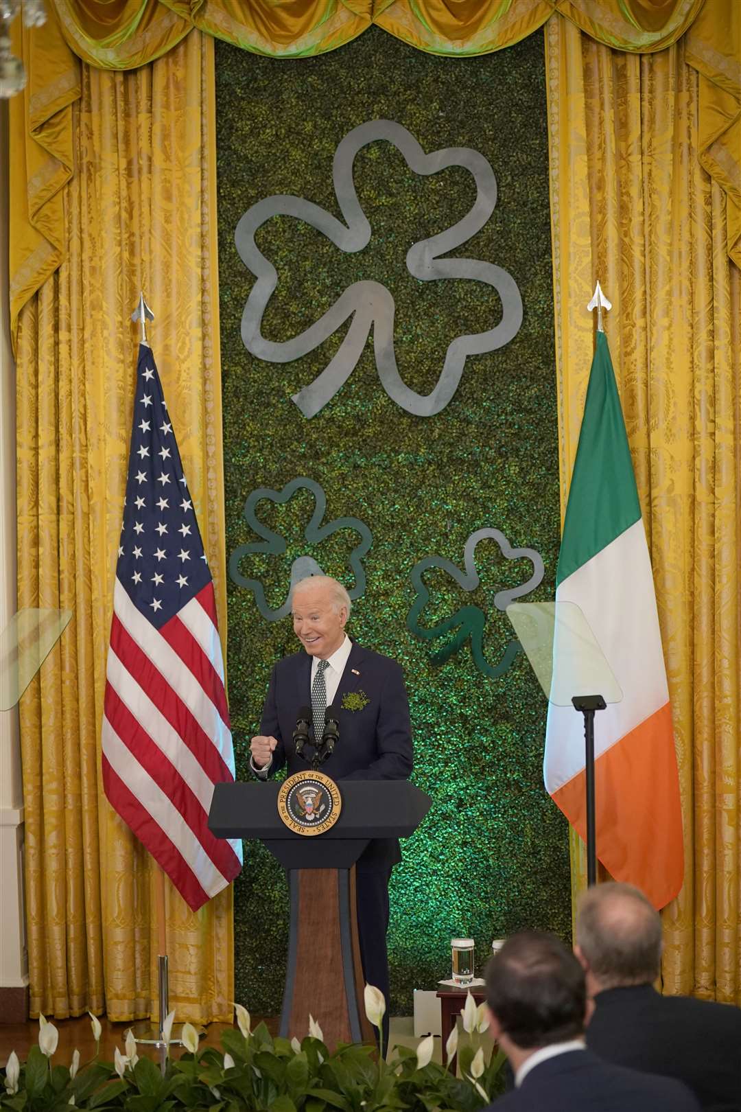 US President Joe Biden speaking during the St Patrick’s Day brunch with Catholic leaders in the East Room of the White House (Niall Carson/PA)