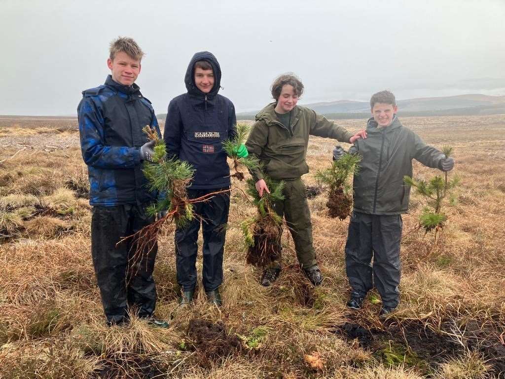 Part of the work involved removing non-native trees. From left, Ben Morris, Noah MacDonald, Harris Nicholson and Allan Sneddon.