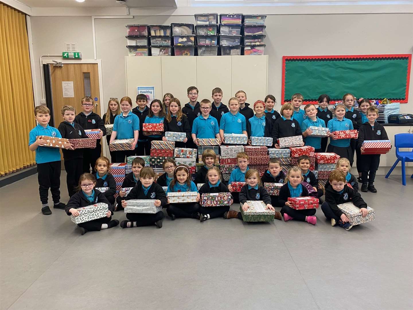 The children from Melvich Primary and ELC with their charity shoeboxes.