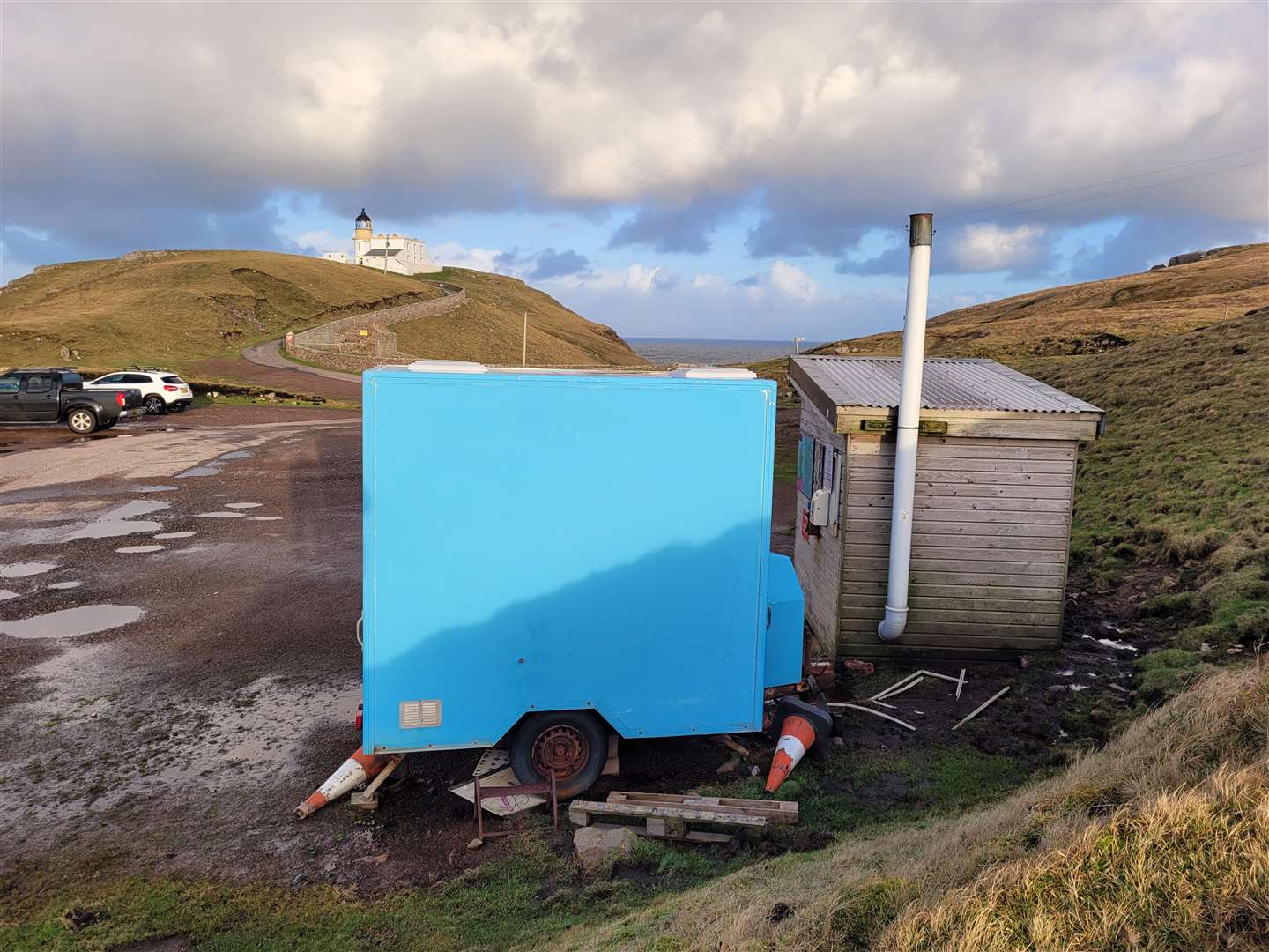 The existing trailer in position at Stoer Head Lighthouse. It is hoped to replace it with a converted horse trailer.