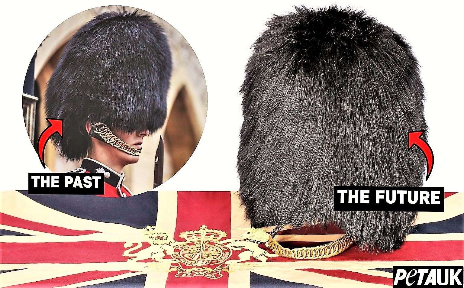 PETA poster promoting the faux fur bearskin hat.